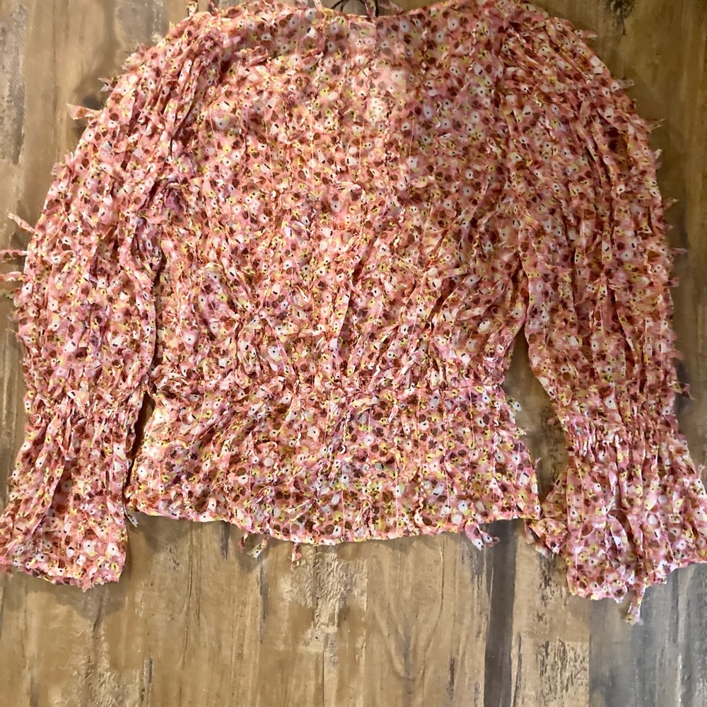🆕 ZARA Pink Fringe Textured Confetti Button Down Chiffon Blouse Resort Luxury - Picture 4 of 16